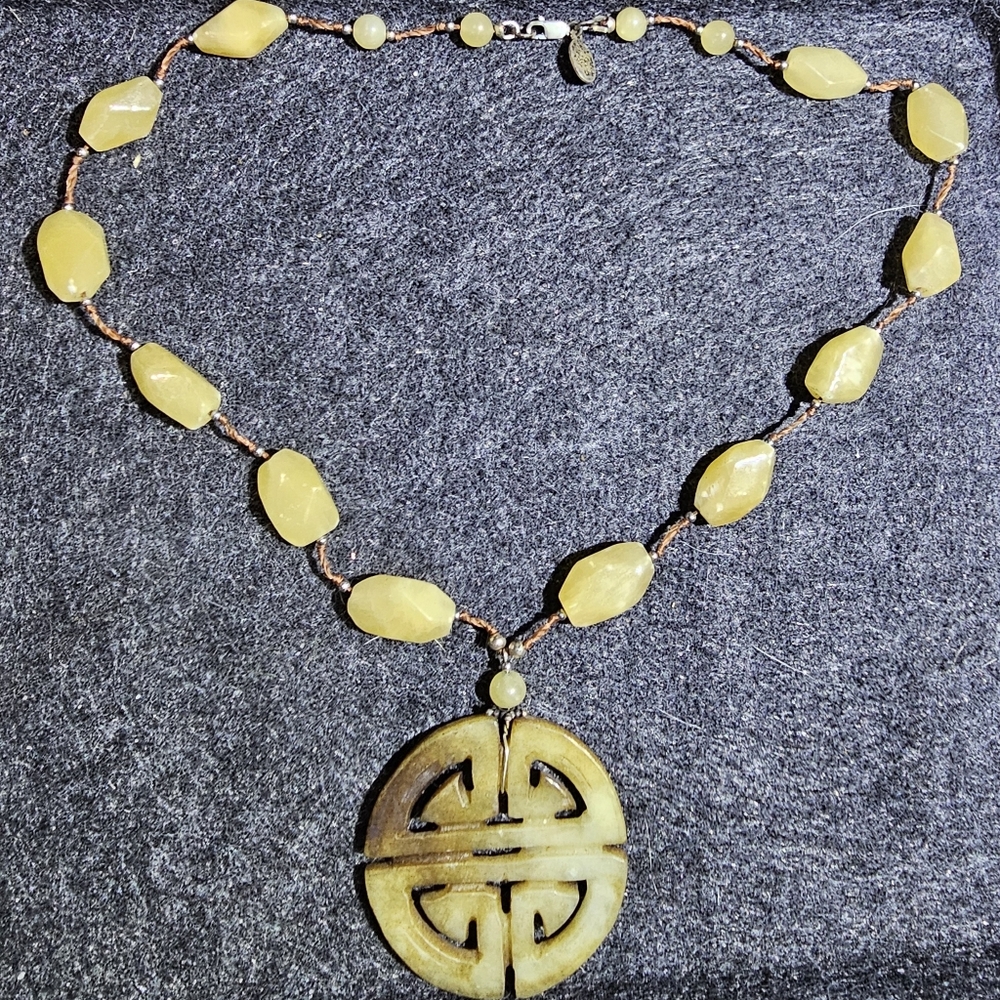 Longevity Shou Symbol NECKLACE Natural Chinese Jade Vintage Genuine Beaded Boho